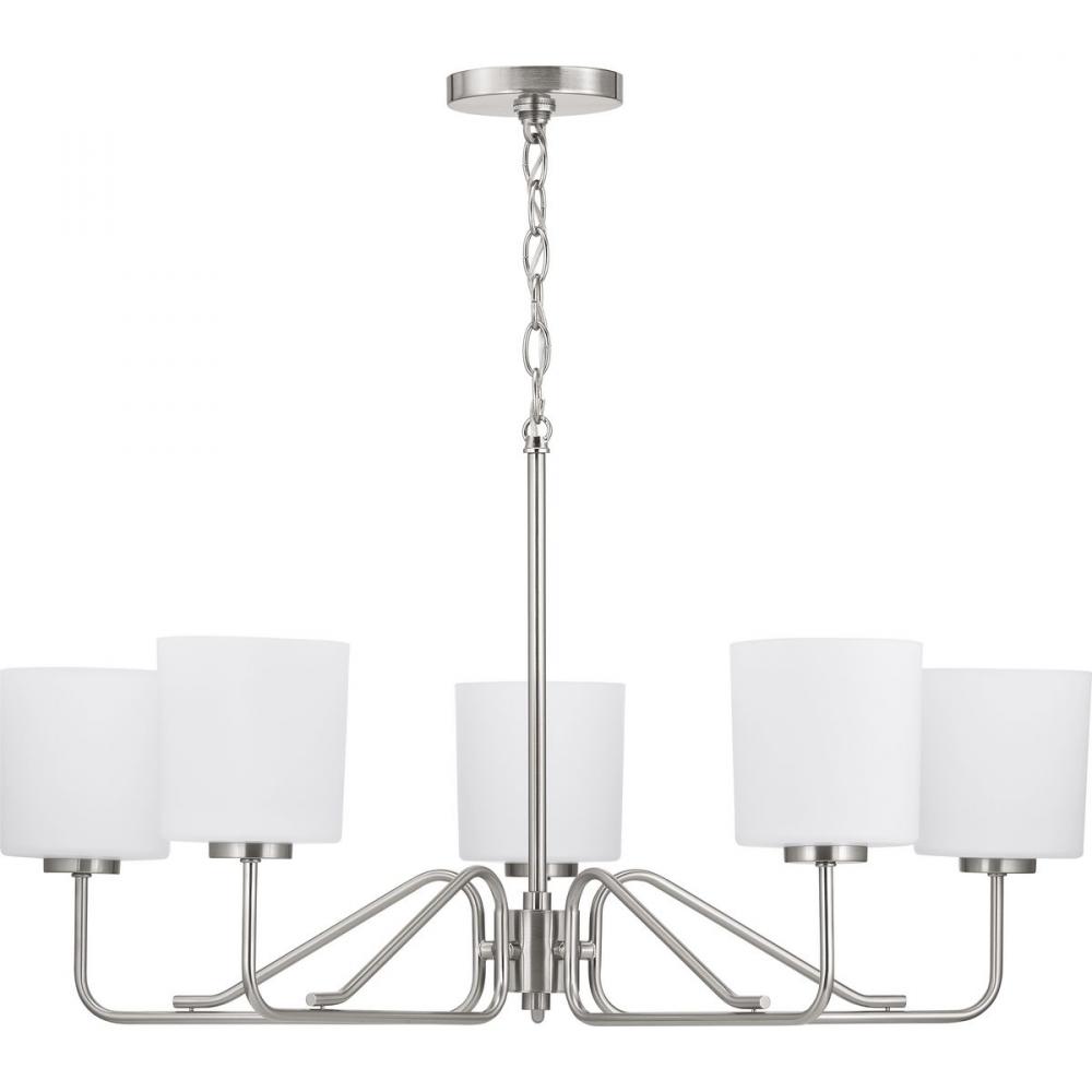 Tobin Collection Five-Light Brushed Nickel Etched White Glass Modern Chandelier Light