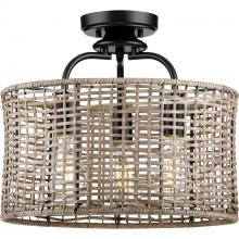 Progress P350183-031 - Lavelle Collection Three-Light Matte Black and Mocha finish Rattan Convertible Semi-Flush Ceiling or