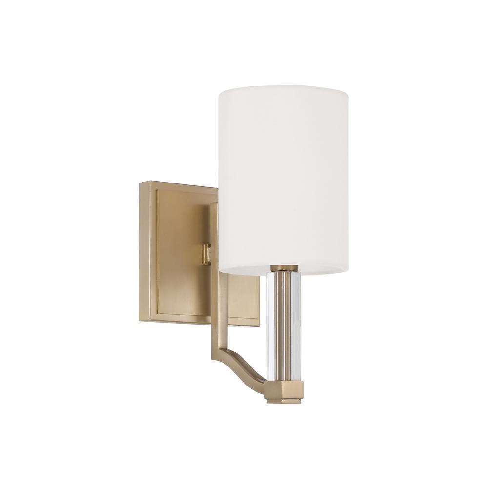 1-Lt Wallchiere Sconce in Matte Brass with Clear Acrylic Accents and Cylindrical White Fabric Shades