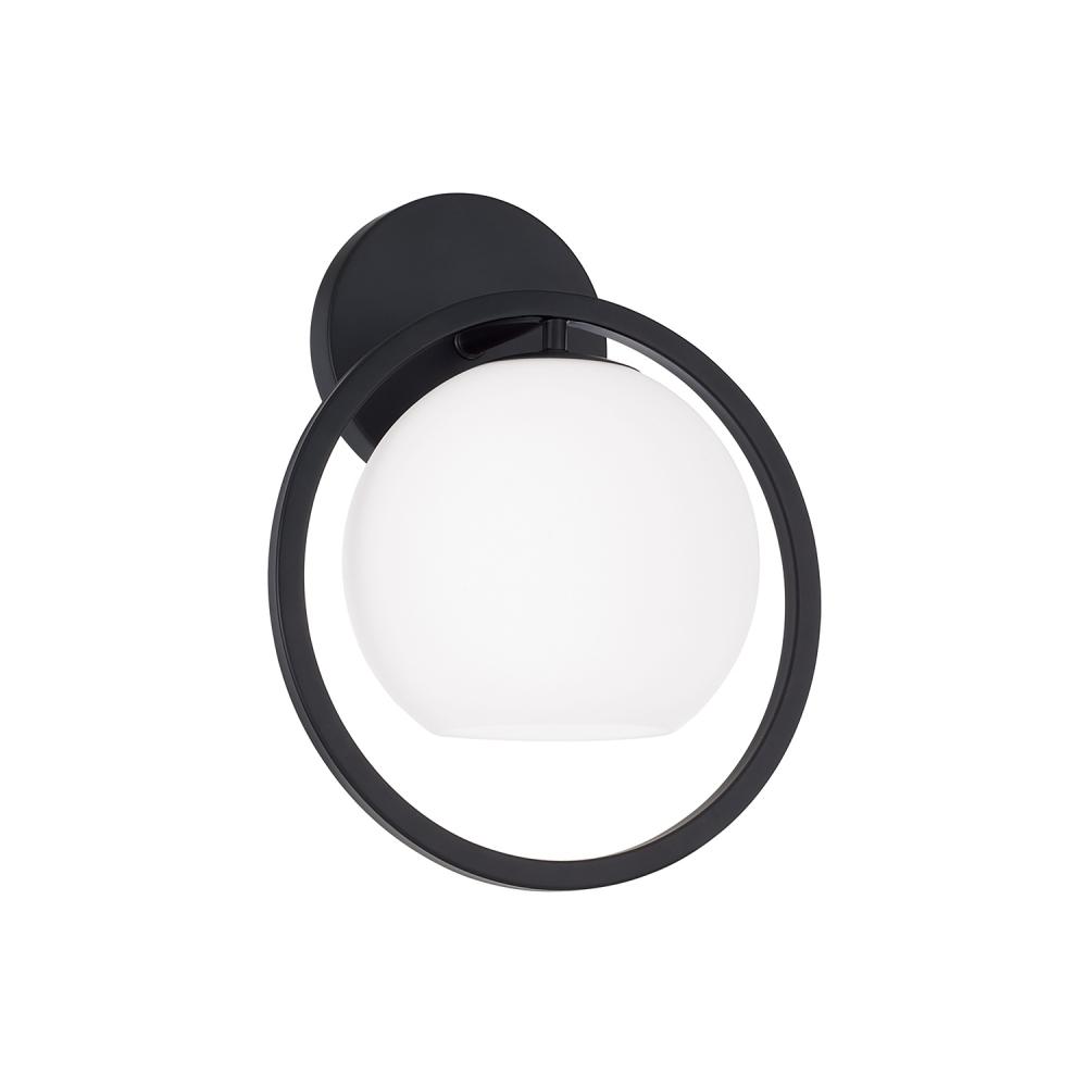 1-Light Circle Sconce in Matte Black with Soft White Glass