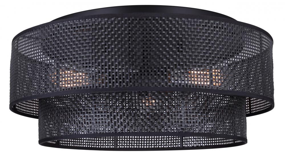 BELLAMY 19 in. 3-Light 60-Watt Contemporary Black Flush Mount with Black Faux Rattan Shade