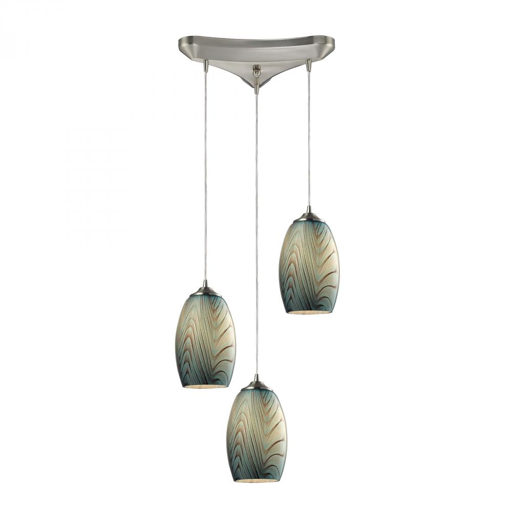 Tidewaters 3-Light Triangular Pendant Fixture in Satin Nickel with Seafoam Glass